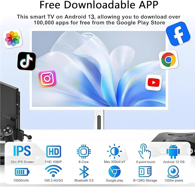 21.5"/24"/27"/32" Portable Rolling Tv, 1080p/4k Smart Portable Wireless Touch Screen Tv On Wheels, 4+64gb/8+128gb,with Large Display, Larger Battery Up to 5-8hr,60hz Refresh Rate 32in-4G64G