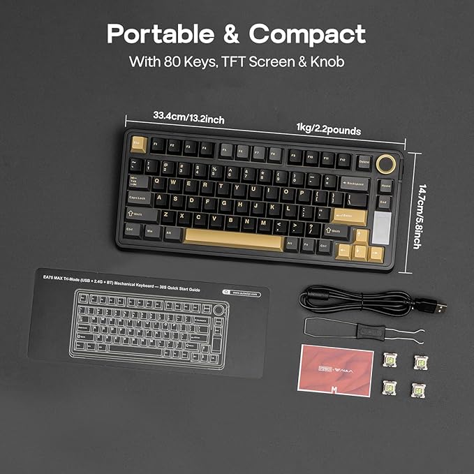 EPOMAKER X Aula EA75 MAX Wireless Gaming Keyboard with Screen & Knob, 5000mAh, Hot-Swap, Lubed Switches, RGB Backlit, Creamy Gasket, 75% Mechanical Keyboard (Black, Ice Vein Switch)