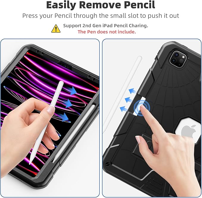TSQQST Case for iPad Pro 12.9 Inch 6th Generation 2022 with Screen Protector | Full Body Protection Kids Case with Pencil Holder Stand for iPad Pro 12.9 Inch 5th/4th/3rd Gen 2021/2020/2018 | Black
