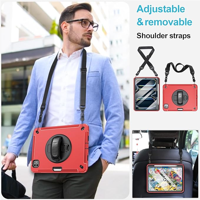 Case for iPad Pro 11 M5 2025/ M4 2024: Protective Cover for iPad Pro 11 Inch 5th Generation with Screen Protector- Stand- Handle- Shoulder Strap- Pencil Holder-Red
