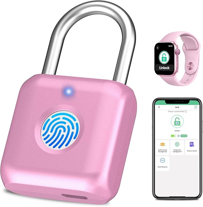 Fingerprint Padlock eLinkSmart Gym Locker Lock for Girls Women with Phone App iOS Watch Metal Keyless Combination Locks for School Sports Locker Toolbox Hasp Storage Pink