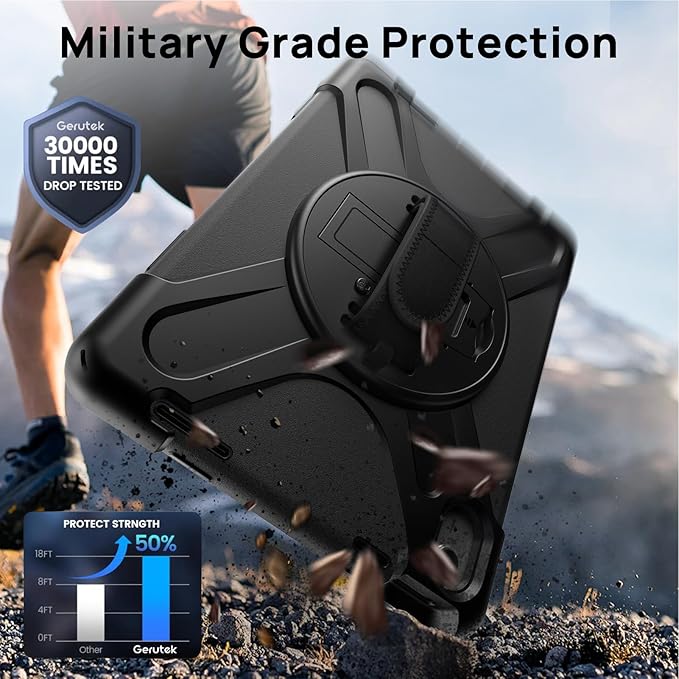Gerutek Case for iPad (A16) 11th/10th Generation 11"/10.9" (2025/2022), Full-Body Shockproof Protective Case with Screen Protector, 360° Rotating Stand, Hand/Shoulder Strap, Pencil Holder - Black