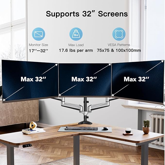 HUANUO Gaming Triple Monitor Stand, Full Motion Articulating Triple Monitor Mount Fit 17 to 32 inch Flat/Curved LCD Computer Screens with Clamp, Grommet Kit, Silver