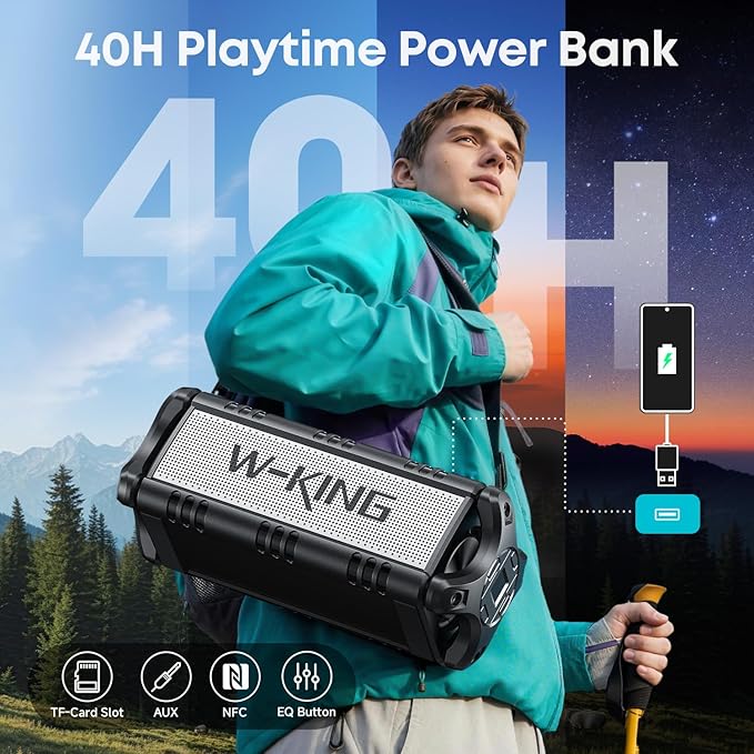 W-KING 90W Max Bluetooth Speaker, IPX6 Waterproof Portable Speakers Wireless Bluetooth, 50W Deep Bass Loud Outdoor Speaker with 40H Playtime/Stereo Pairing/TF Card/AUX/NFC for Home Party,Camping,Beach