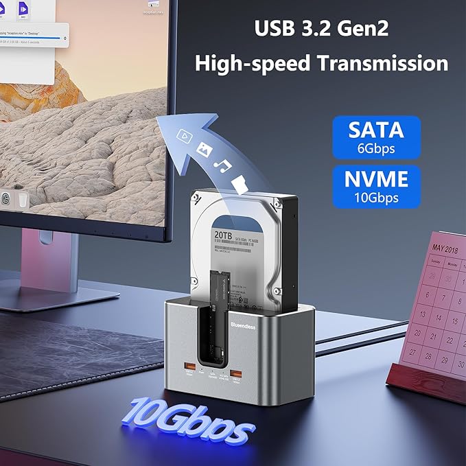 SATA & M.2 NVMe Hard Drive Docking Station for 2.5 & 3.5 inch SATA HDD/SSD and M.2 NVMe SSD, USB 3.2 10Gbps Transfer Rate, Up to 28TB, 2-Bay