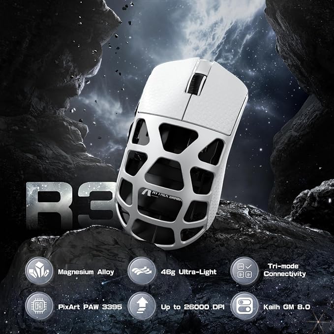 FELICON x Attack Shark R3 Magnesium Alloy Wireless Gaming Mouse, 46g Ultra-Lightweight Skeletal Shell, PAW3395 26K DPI, 8K Polling, Tri-Mode 2.4G/BT/Wired, for PC Mac Laptop - White & Griptape