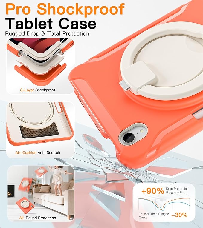 BATYUE Shockproof Case for iPad mini 7 (A17 Pro)/ Mini 6 8.3 inch (2024/2021) - 360° Multi-Angle Stand (Portrait & Landscape) & Grip, Built-in Pencil Holder, Coral Orange