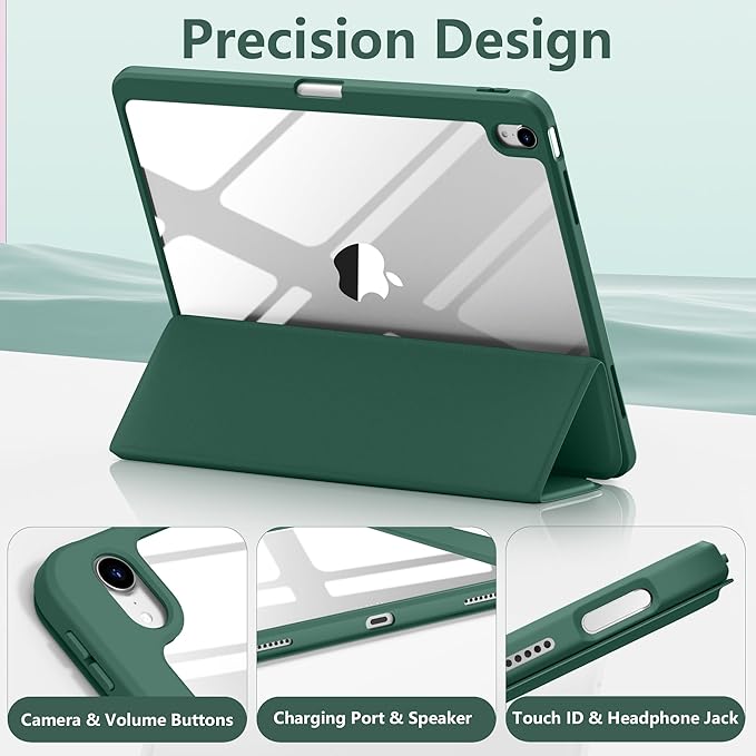 Wenlaty for iPad Air 13 Inch Case M4/M3/M2 (2026/2025/2024) with Pencil Holder, Slim Trifold Stand Protective Cover for iPad Air 13 Case with Clear Transparent Back, Auto Wake/Sleep -Pine Green
