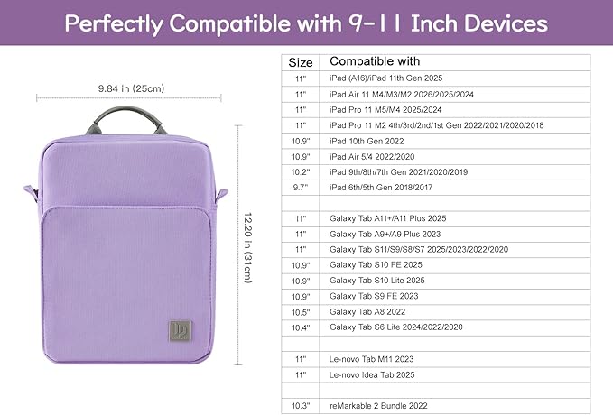 Dadanism 9-11 Inch Tablet Sleeve Bag Carrying Case with Shoulder Strap for iPad (A16) 11", iPad 10th Gen 10.9", iPad Air M4/Pro M5 11", iPad 9/8/7th 10.2", Galaxy Tab A11+ Plus 11", Grey Purple