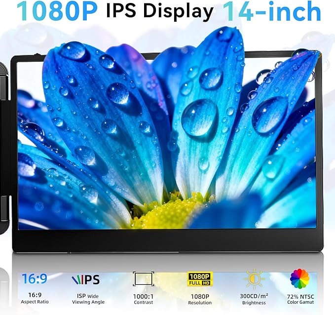 Laptop Screen Extender - 14 inch 1080P FHD Dual Monitor for 13"-17" Laptops Travel Work Portable Extended Monitor Compatible with Windows Mac