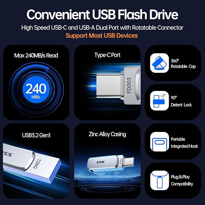 SSK 128GB Flash Drive USB C Thumb Drive up to 240 MB/s, Dual USB FlashDrive USB-C and A 3.2, Zinc Pendrive Memory Stick for iPhone 15/16Pro/Win/Android OTG with Water, Dust, and Drop Resistance