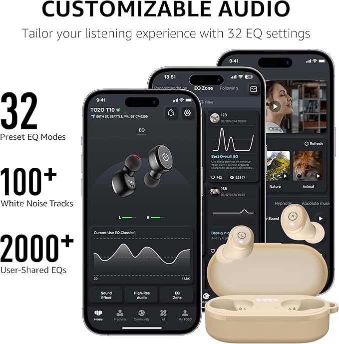 TOZO T10 Wireless Earbuds Bluetooth 5.3 Headphones, App Customize EQ, Ergonomic Design, 55H Playtime, Wireless Charging Case, IPX8 Waterproof Sound in-Ear Headset, New Version