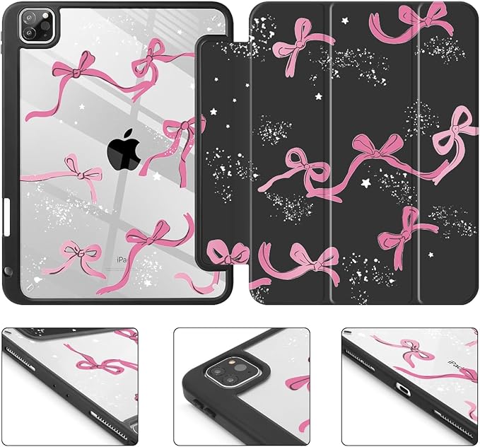 Tuiklol for iPad Pro 12.9 Inch 6th/5th/4th/3rd Generation 2022 2021 2020 2018 Case,Built-in Pencil Holder Clear Transparent Protective Back Shell Cover with Auto Sleep/Wake, Bow-Black