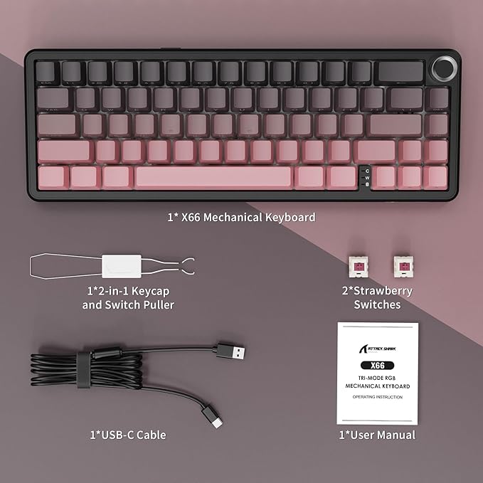 ATTACK SHARK X66 Wireless Mechanical Gaming Keyboard with Knob,Tri Mode USB-C/BT5.0/2.4G Gasket Mounted 60% RGB Gaming Keyboard,Side Printed PBT Keycap, Hot Swappable Strawberry Switch(BlackBerry)