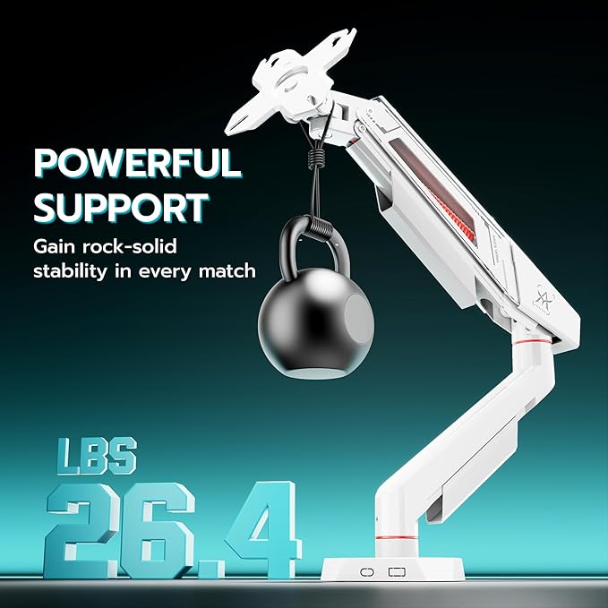 ARES WING Single Monitor Arm for 17-40 Inch Flat Curved Ultrawide Screens Up to 26.5lbs, Fully Adjustable Single Monitor Mount, C-Clamp & Grommet Base, 75/100 Vesa Mount, White