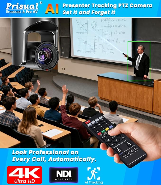 Prisual 4K NDI PTZ Camera, Advanced PTZ Auto Tracking 20X HDMI/USB3.0 PTZ Camera, 1/1.8”4K UHD 30P with Built-in Tally Light for Church Conference Events, PoE, PT20X-4K-N