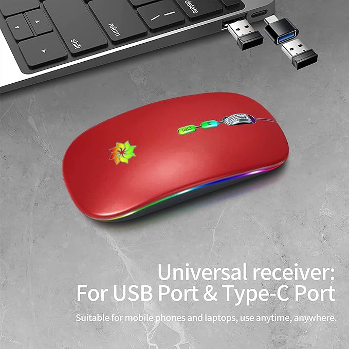 KBCASE LED Wireless Mouse Slim Silent Mouse 2.4G Rechargeable Wireless Computer Mouse Wireless Mouse for Laptop, MacBook, iPad, Chromebook, with USB & Type-c Receiver