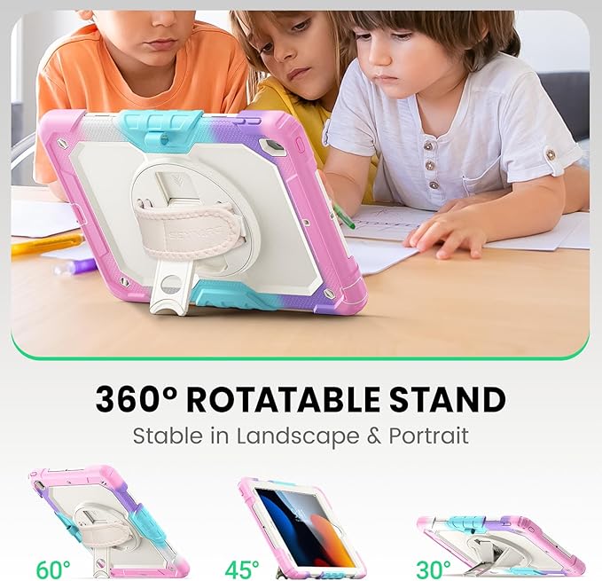 SEYMAC Kids Case for iPad 9th/8th/7th Generation 10.2", Full-Body Shockproof Heavy Duty Protective Case with Screen Protector, Rotating Stand/Handle/Shoulder Strap, Colorful Pink