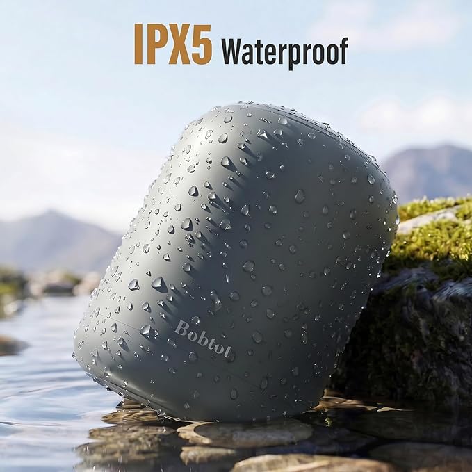 Bobtot Portable Bluetooth Speakers Wireless, Waterproof Speaker with 24H Playtime, Loud Stereo Sound, TWS, Built-in Microphone, Small Size with Carry Lanyard, Gray