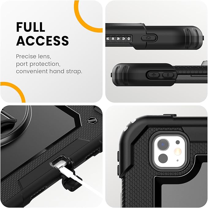 timecity Case for iPad Pro 11 Inch M5 2025 / M4 2024, 360° Rotating Stand, Pencil Holder & Wireless Charging, Shockproof with Screen Protector & Shoulder Strap -for Designers & Professionals,Black