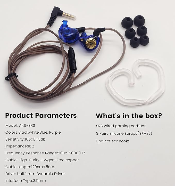 Wired IEM Earbuds, QKZ Ak6 SRS Gaming Headphones in-Ear Monitor with 11mm DD for Crystal Clear Hi-Res Sound,Earphones with Microphone&OFC Cable for Gaming,Video Musicians, Singers