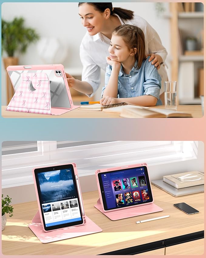 Uppuppy for iPad Pro M4/M5 Case 11 inch - 360 Degree Rotating Stand Folio Smart Cover with Pencil Holder for Women Girls, Pink Bow Checkered for iPad Pro 11 inch Case 2024 M4/2025 M5