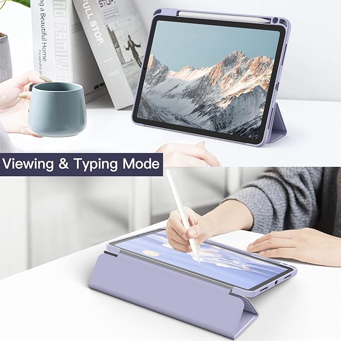 JETech Case ONLY for iPad Air 11-Inch M4/M3/M2 (2026/2025/2024), iPad Air 5/4 (2022/2020 5th/4th) with Pencil Holder, Clear Transparent Back Slim Stand Shockproof Tablet Cover (Purple)