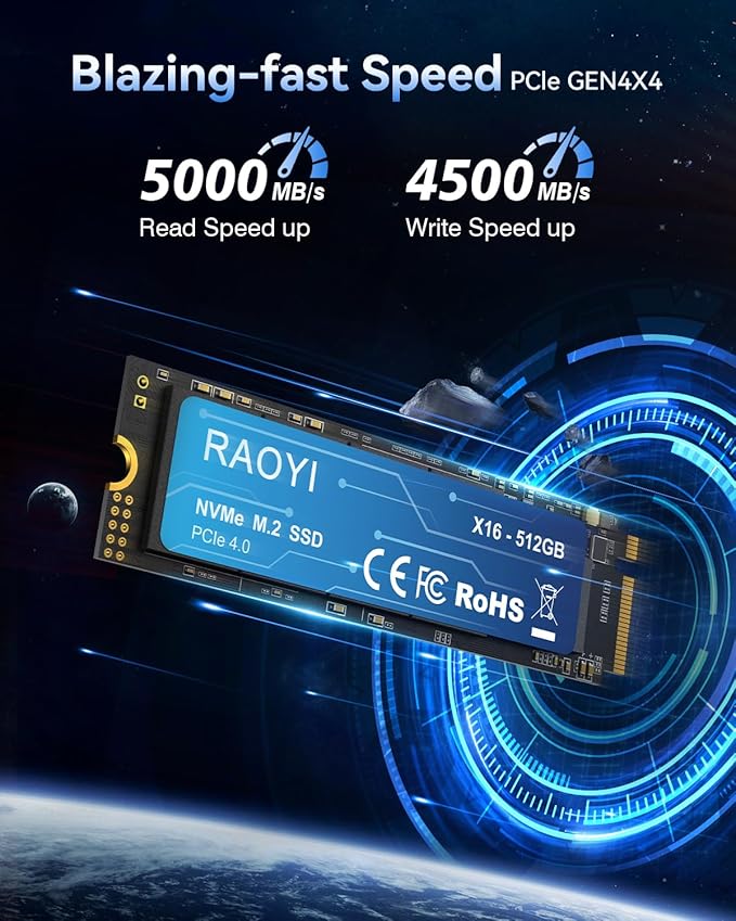 RAOYI 512GB NVMe Internal Solid State Drive M.2 2280 PCIe Gen4x4 SSD, Up to 5000MB/s, Configure SLC Cache, Storage and Memory Expansion for PS5 Laptop Desktop