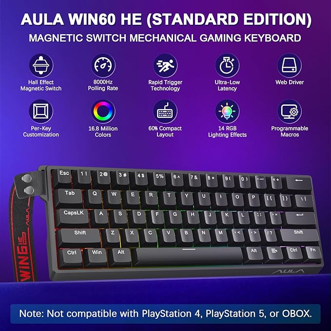 Aula WIN60 HE 60% Mechanical Keyboard Wired, Hall Effect Gaming Keyboard Magnetic Switch Hot Swappable, Adjustable Actuation Rapid Trigger Mode 8000Hz Polling Rate, RGB Keyboard 60 Percent Design