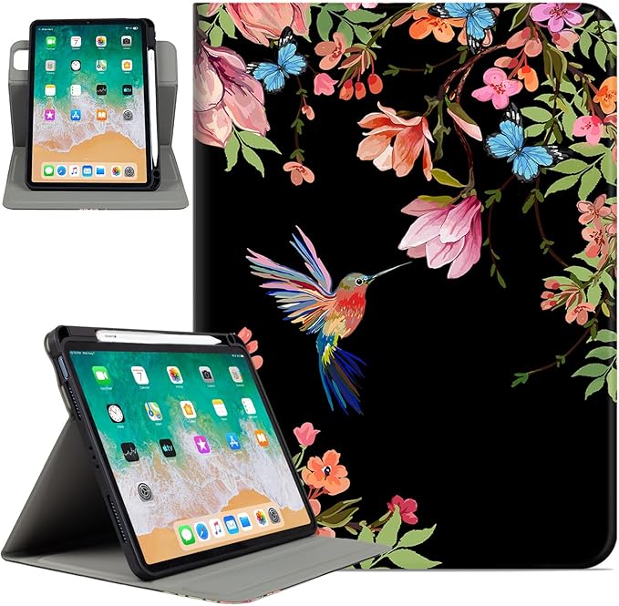 Rotating iPad Air 11-inch Case M4/M3/M2, Case for iPad Air 5th/4th Generation 10.9 Inch,360 Swivel Multi-Angle Adjustable Stand with Pencil Holder for iPad Pro 11-inch case,Flowers Hummingbird