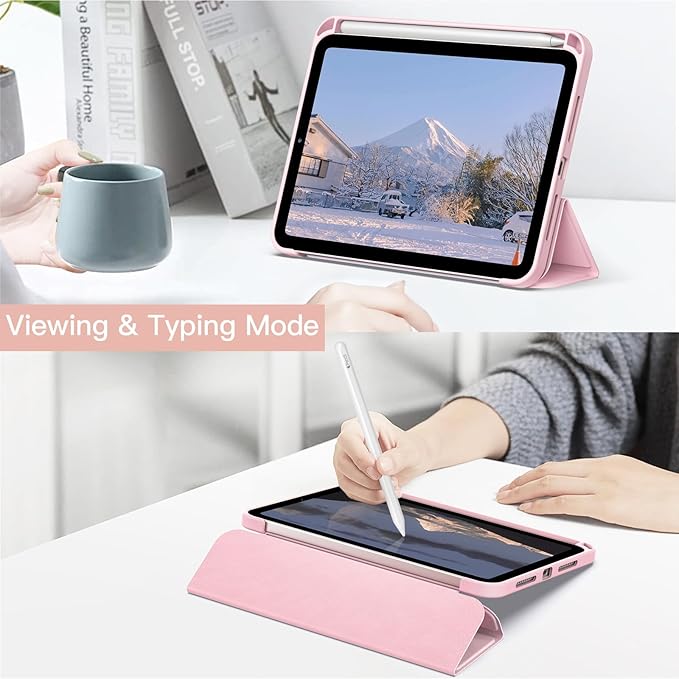 JETech Case for iPad mini (A17 Pro, 2024 Model, 7th Generation) / mini 6 (2021 Model, 6th Generation) with Pencil Holder, Clear Back Shell Stand Shockproof Tablet Cover, Auto Wake/Sleep (Pink)