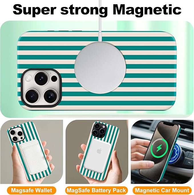 Magnetic for iPhone 14 Plus Case Cute Stripes Phone Case, Shockproof Slim TPU and Hard PC Protective Phone Cover Compatible with MagSafe Designed for Women Girls, Emerald Green