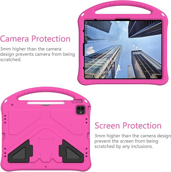 Kids Case for iPad Air 13 inch M4/M3/M2 & iPad Pro 13 inch M5/M4 (2025/2024) & iPad Pro 12.9 inch Cover 6th/5th/4th/3rd Generation (2022/2021/2020/2018) with Stand/Handle/Pencil Holder, Rose