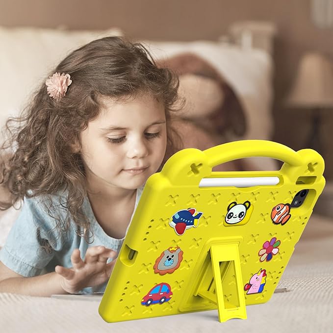 for Apple iPad Pro 11 Inch Kids Case (M5/M4) 2025/2024 with Pencil Holder/Kickstand/Handle Stand Slim Lightweight Cute DIY Soft EVA Shockproof Rugged Silicone Girls Boys Cover, Yellow Bear