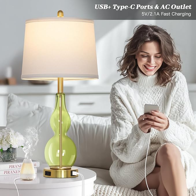 Rinweey 27.5" Green Glass Double Gourd Table Lamp Set of 2,3-Way Dimmable Touch Control Bedside Lamps with USB Ports and AC Outlet, Nautical Nightstand Lamps for Bedroom Living Room