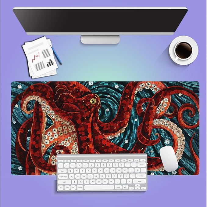 Large Gaming Mouse Pad (31.5" x 15.8")- Abstract Red Octopus Painting Art Cool Sea Monster Blue Ocean, Extra XXL Extended Office Accessories, Premium Stitched Anti-Slip Desk Mat
