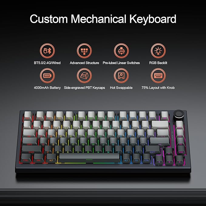 Gurjot Wireless Mechanical Keyboard, 75% Hot Swappable Custom Keyboard with Knob,PBT Keycaps,BT5.0/2.4GHz/USB-C,RGB Backlit, Mechanical Gaming Keyboards for PC/Tablet/PS/Xbox