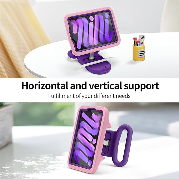 Kids Case for iPad mini 7 (A17 Pro) 2024 / iPad mini 6 2021, Adjustable Portrait/Landscape Stand, Drop Proof Handle Kickstand, Child Friendly with Screen Protector for iPad mini7th/6 8.3 inch(Pink)