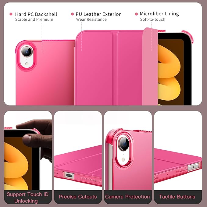 MoKo for iPad mini 7 (A17 Pro) Generation Case 2024, iPad mini 6 Case 2021, 8.3-inch Slim Lightweight Protective Hard Back PC Shell Stand Cover Support Touch ID, Auto Wake/Sleep, Persian Pink