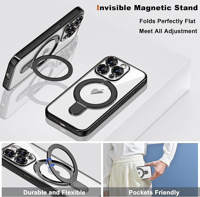 Compatible with iPhone 15 Pro Max Case with Invisible Magnetic Ring Stand [Compatible with Mag-Safe] [Full Camera Lens Protector] Plating Clear Phone Case for iPhone 15 Pro Max 6.7", Black
