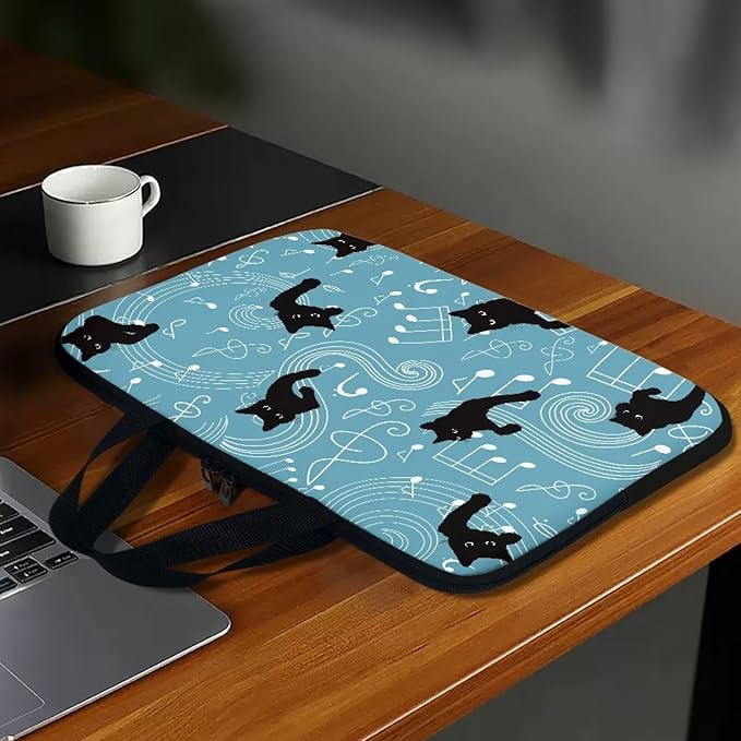10 Inch Laptop Sleeve, Music Note Black Cats Laptop Cover Computer Bag Tablet Carrying Case with Handle, Durable Tote Bags Notebook Case Handbag Briefcase Shoulder Bag for Business/School