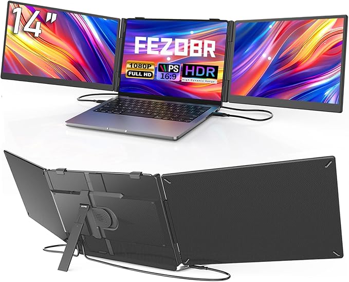 Laptop Screen Extender, 14" FHD 1080P Ultra-Thin Triple Portable Monitor, USB-C/USB-A Connection, Plug & Play, Travel Monitor for Mac/Windows/Chrome, Fits 13-17.3" Laptops