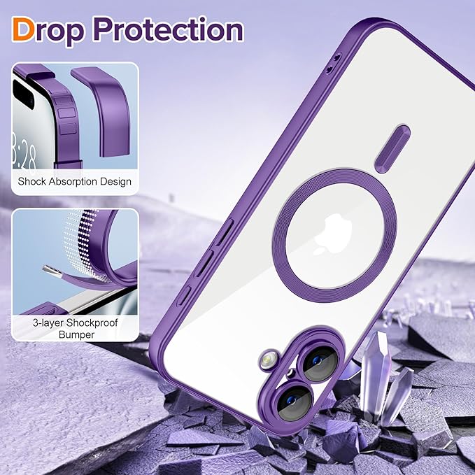 Hython Magnetic Clear for iPhone 16 Case with Camera Lens Protector [Compatible with MagSafe] Luxury Plating Edge Slim Soft TPU Cover Protective Phone Case for iPhone 16 6.1", Matte Purple