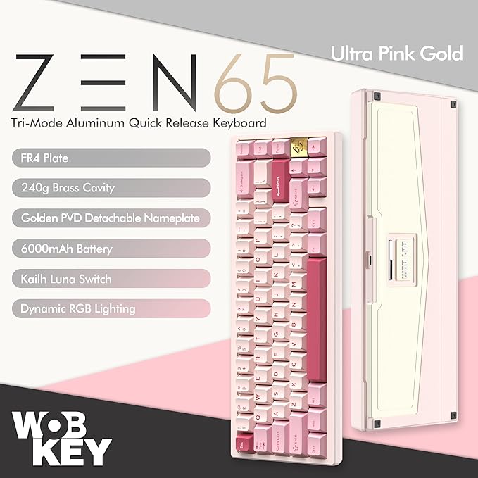 KEEBMONKEY WOBKEY Zen 65 65% Quick Release Wireless Mechanical Keyboard with RGB, CNC Aluminum Case, Hot-Swappable, VIA Support, BT/2.4G/USB-C Gaming Keyboard for Mac/Windows (Ultra Pink Gold)
