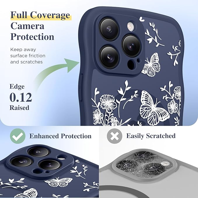 GVIEWIN for iPhone 15 Pro Max Case Compatible with MagSafe [Curly Wave Edge][Full Camera Protection] Floral Translucent Shockproof Magnetic Women Phone Case for 15 Pro Max 6.7'', Tuberose/Blue