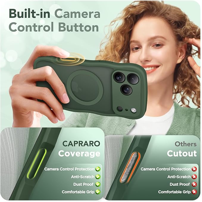 CAPRARO Magnetic for iPhone 17 Pro Max Case for Women Girls, Upgraded [Full Camera Protection] [Compatible with MagSafe] Cute Wave Translucent Matte Phone Case for iPhone 17 Pro Max, Deep Green