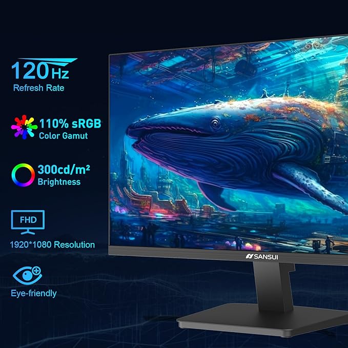 SANSUI 27 Inch Computer Monitor 120Hz, FHD 1080P Flat Monitor, HDMI DP Ports FreeSync, HDR, 110% sRGB, Tilt Adjustable Frameless VESA Compatible for Office and Home (ES-27F2, HDMI Cable Included)