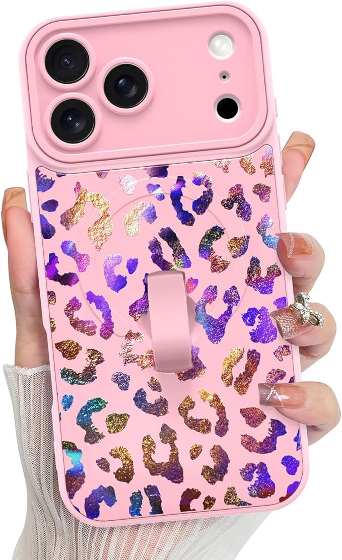 KANGHAR Compatible with iPhone 17 Pro Case, Support for MagSafe, Silicone Cute Iridescent Leopard Cheetah Pattern, Wristband Kickstand Shockproof Protective Slim Cover for Women Girls, Pink