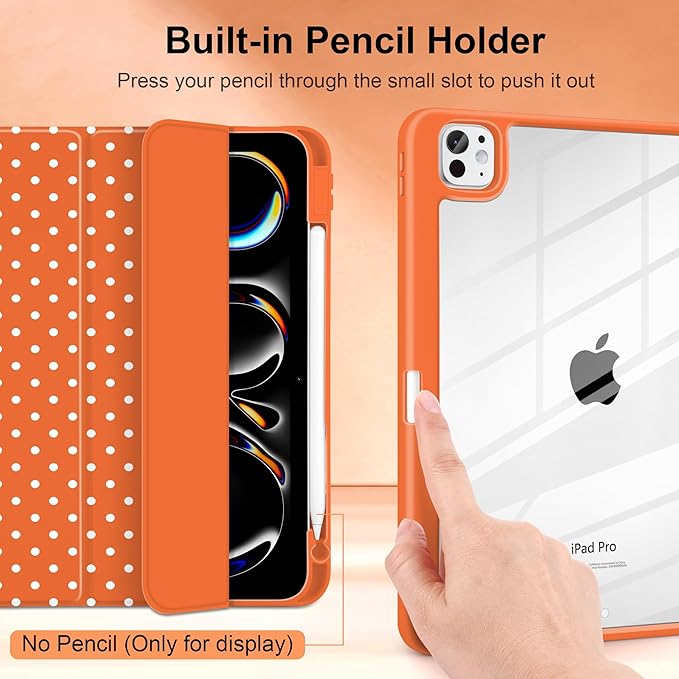 Case for iPad Pro 11 Inch (M5 2025 M4 2024) – [Built-in Pencil Holder], Shockproof & Stylish, Clear Hard Back + Soft TPU Edge, Magnetic Trifold Stand, Auto Wake/Sleep, Orange White dot