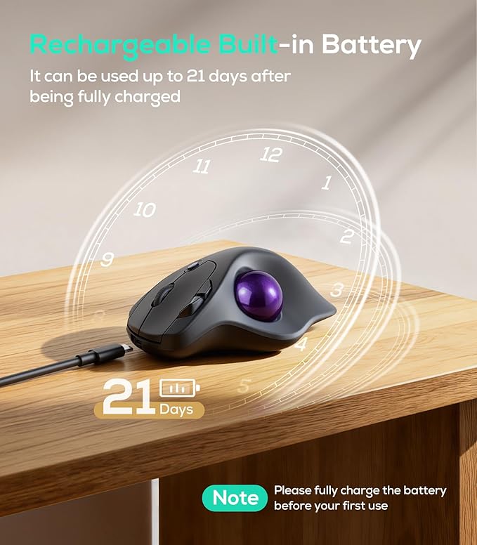 Nulea M511 Wireless Trackball Mouse, Rechargeable Ergonomic Thumb-Control Mouse with Tilt Stand, Smooth & Precision Tracking, 3 Device Connection (Bluetooth or USB Receiver), for PC/Mac/Laptop-Purple